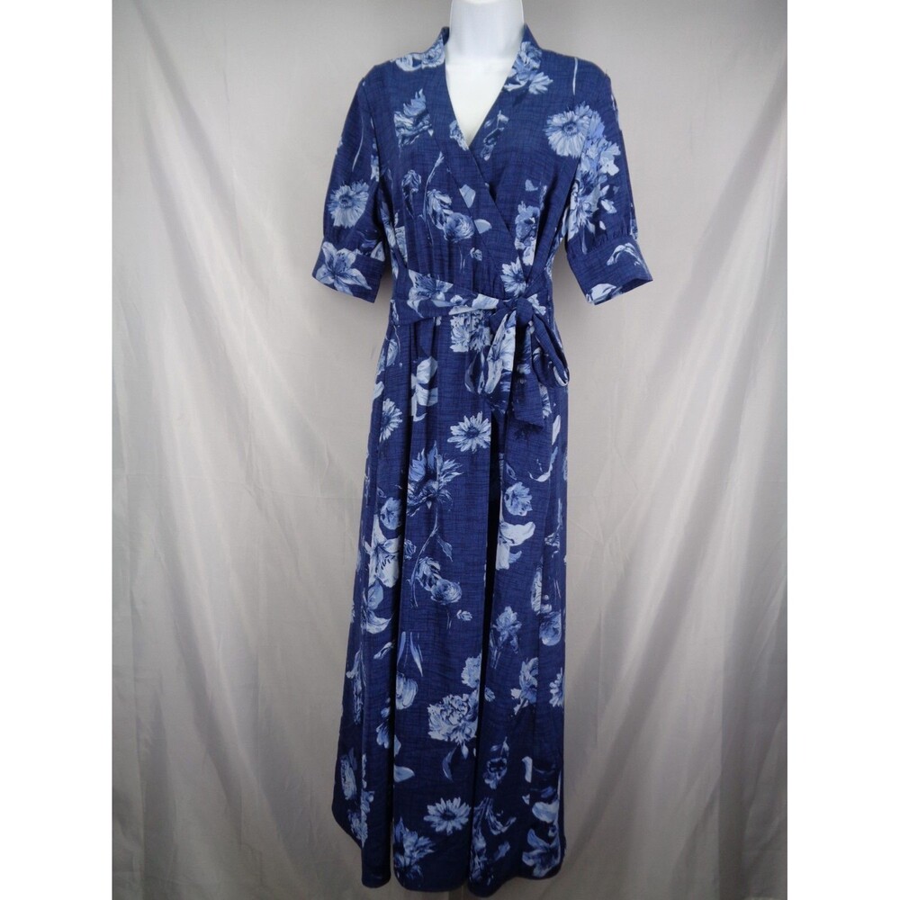Beautiful by Lawrence Zarian Blue Floral Faux Wrap Midi Shirt Dress Sz Small New